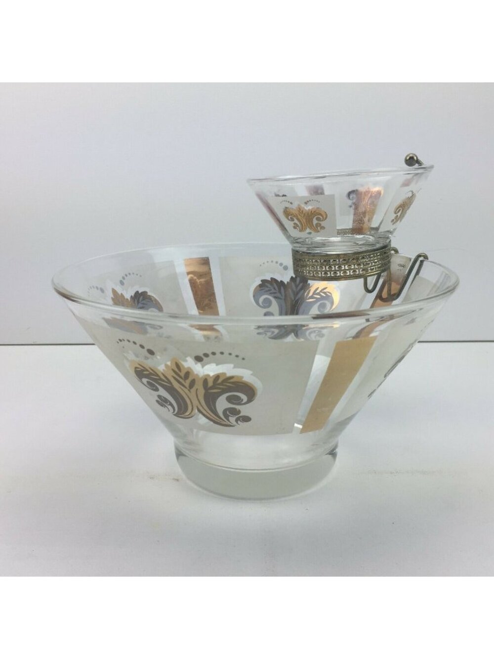 Vintage 60s MCM Anchor Hocking Gold Fleur Chip Dip Party Bowl Set 1960's 10.75"